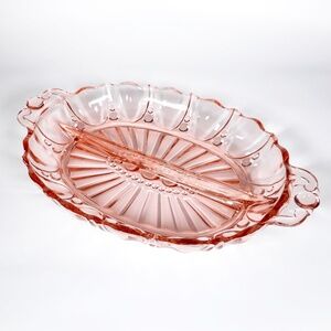 VTG Pink Depression Glass Oval Divided Candy Relish Dish 12" Long Oyster Pearl